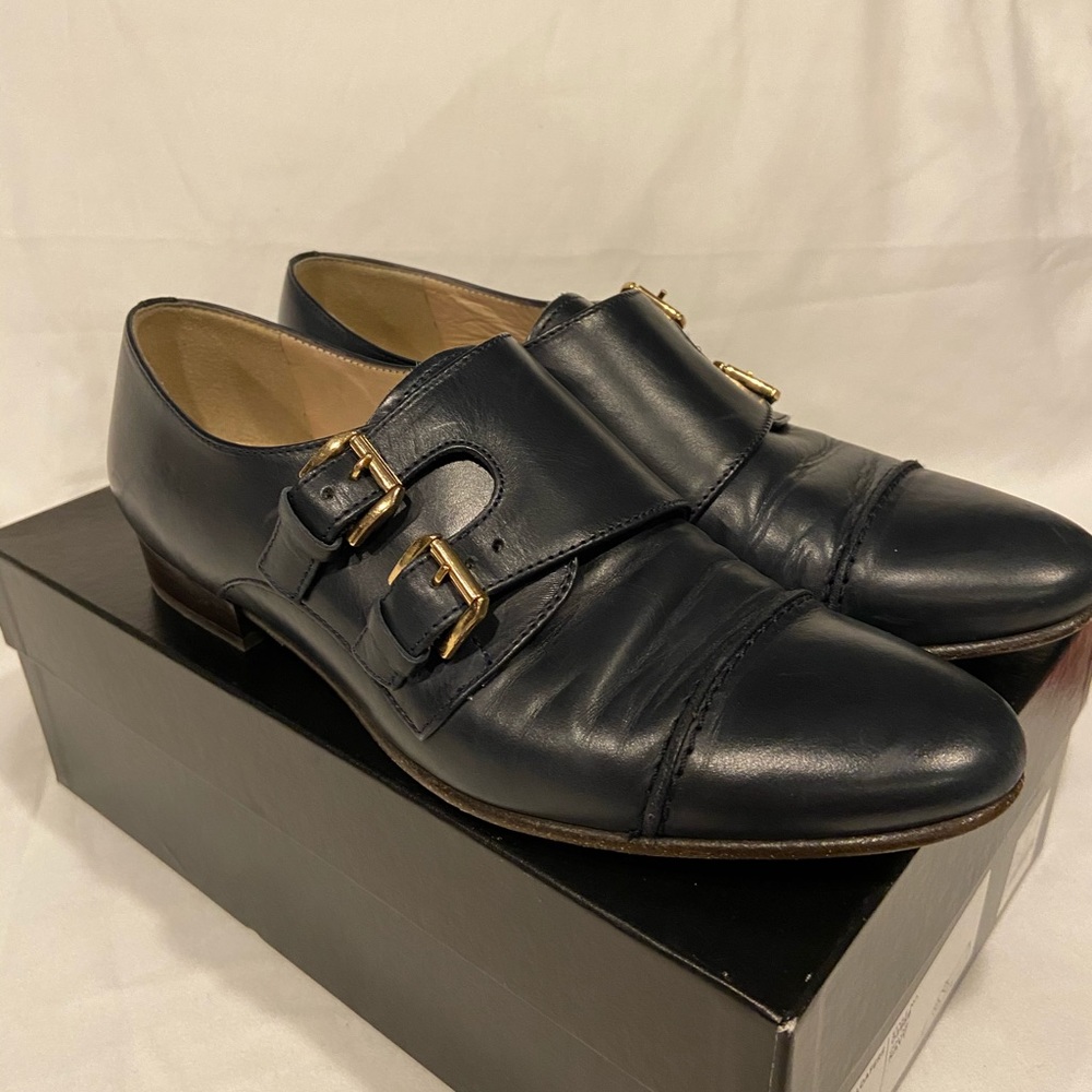 JCrew Collection navy monk strap loafers w/ gold 7